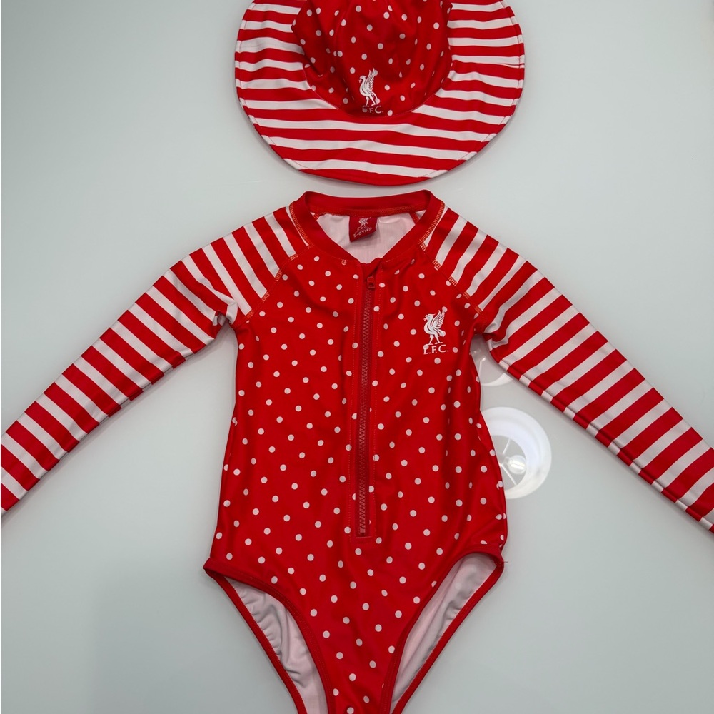 Liverpool Red and White Striped Polka Dot Rashguard Swimsuit with Matching Hat